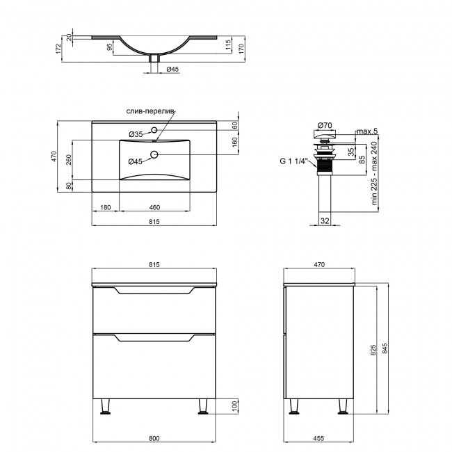 Комплект Qtap Scorpio 810х825х460 Graphite тумба підлогова + раковина урізна QT1471TNВ8023080CG