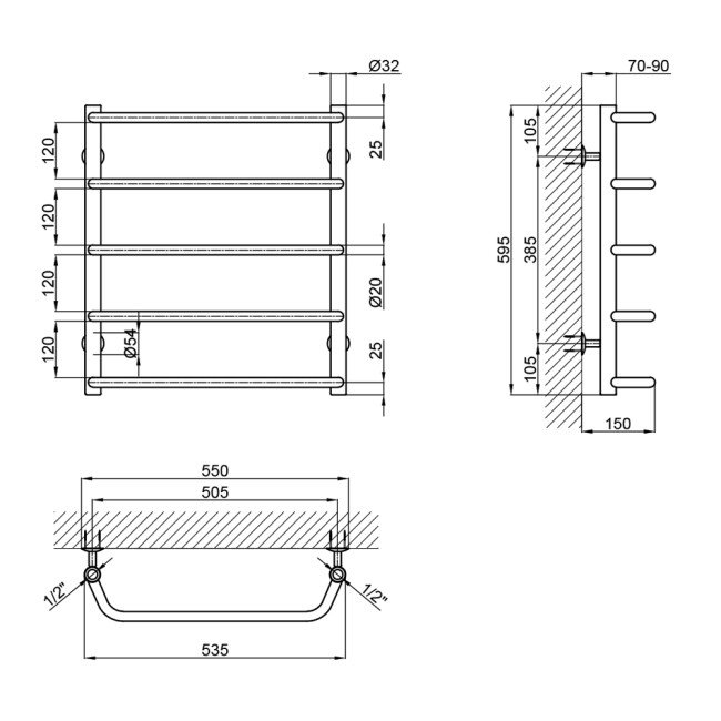 Сушарка для рушників водяна Lidz Standard (CRM) D32/20х1/2" 500x600 P5 2