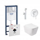 Комплект інсталяція Grohe Rapid SL 38721001 + унітаз з сидінням Qtap Crow QT05335170W + набір для гігієнічного душу зі змішувачем Grohe BauClassic 2904800S