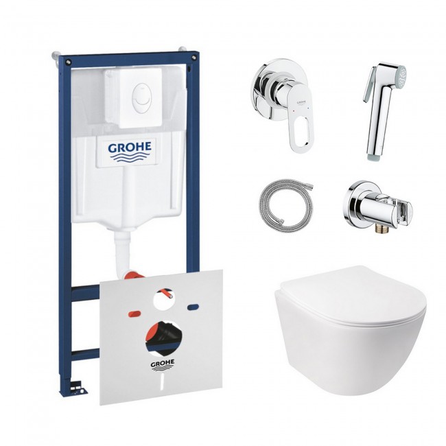 Комплект інсталяція Grohe Rapid SL 38722001 + унітаз з сидінням Qtap Jay QT07335176W + набір для гігієнічного душу зі змішувачем Grohe BauLoop 111042