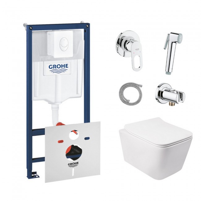 Комплект інсталяція Grohe Rapid SL 38722001 + унітаз з сидінням Qtap Crow QT05335170W + набір для гігієнічного душу зі змішувачем Grohe BauLoop 111042