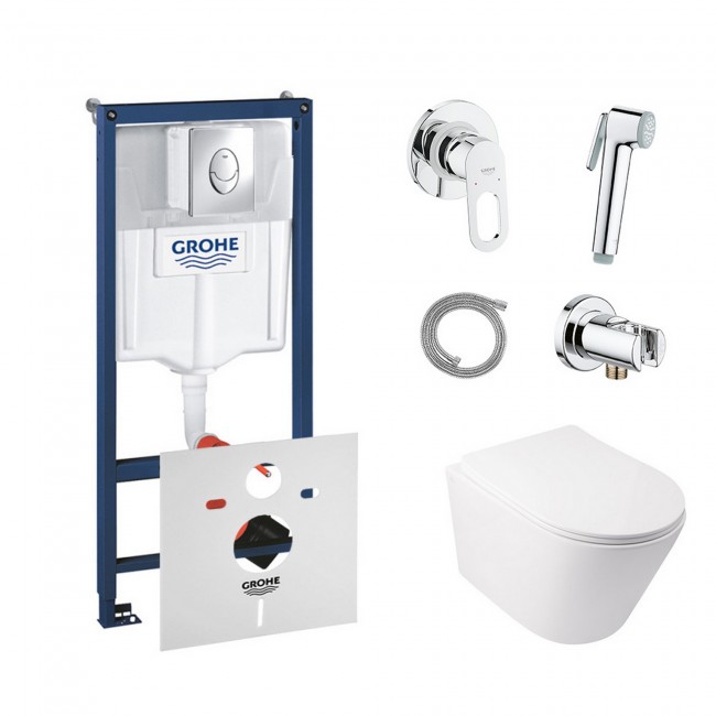 Комплект інсталяція Grohe Rapid SL 38721001 + унітаз з сидінням Qtap Swan QT16335178W + набір для гігієнічного душу зі змішувачем Grohe BauLoop 111042