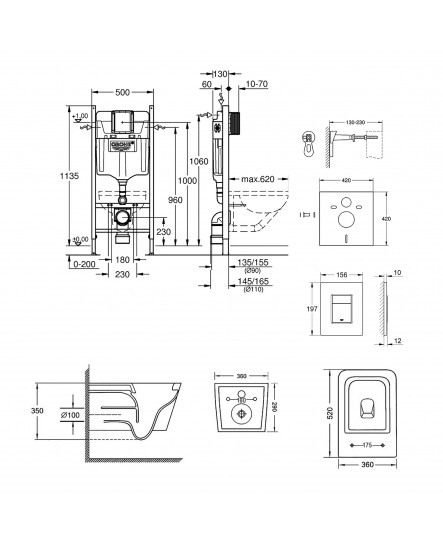 Набор инсталляция 4 в 1 Grohe Rapid SL 3884000G + унитаз с сиденьем Qtap Crow QT05335170W