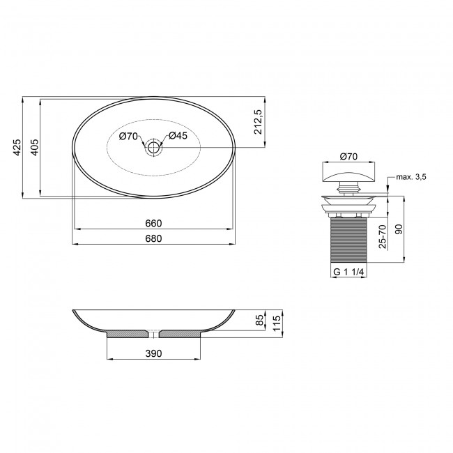 Раковина-чаша Qtap Dove 680х420х120 White с донным клапаном QT0611K160W