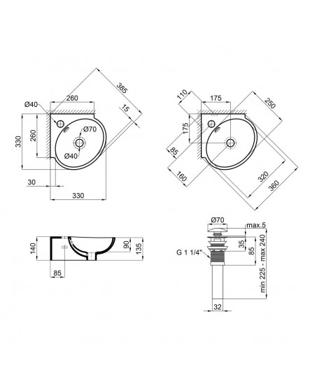 Комплект Qtap Leo N: Раковина подвесная угловая овальная 380x360x130 мм WHITE + Донный клапан PU02O