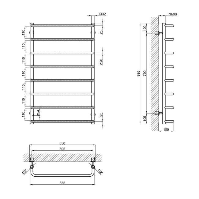 Сушарка для рушників водяна Lidz Standard (CRM) D32/20х1/2" 600x1000 P8 2 Сушарка для рушників водяна Lidz Standard (CRM) D32/20х1/2" 600x1000 P8 2