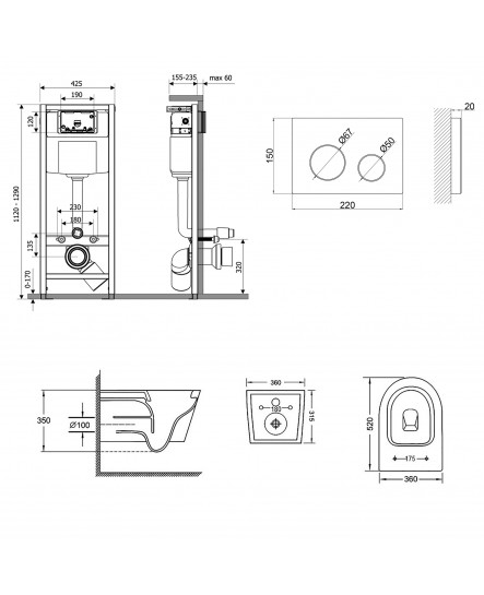 Набор Qtap инсталляция 4 в 1 с панелью смыва Nest (QT0133M425 + QT0111M11V1114W) + унитаз с сиденьем Jay QT07335176W