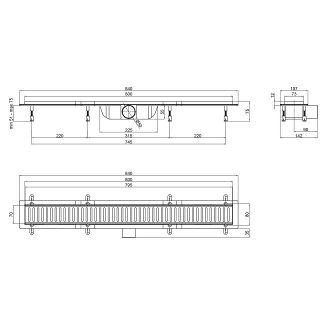 Трап Qtap Dry FF304-800MBLA линейный с сухим затвором и нержавеющей решеткой 800х73 2