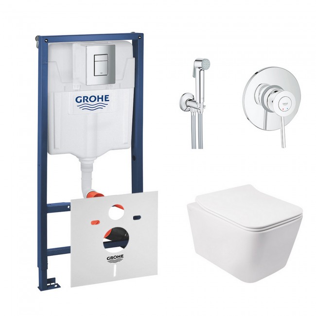 Комплект інсталяція Grohe Rapid SL 38772001 + унітаз з сидінням Qtap Crow QT05335170W + набір для гігієнічного душу зі змішувачем Grohe BauClassic 2904800S