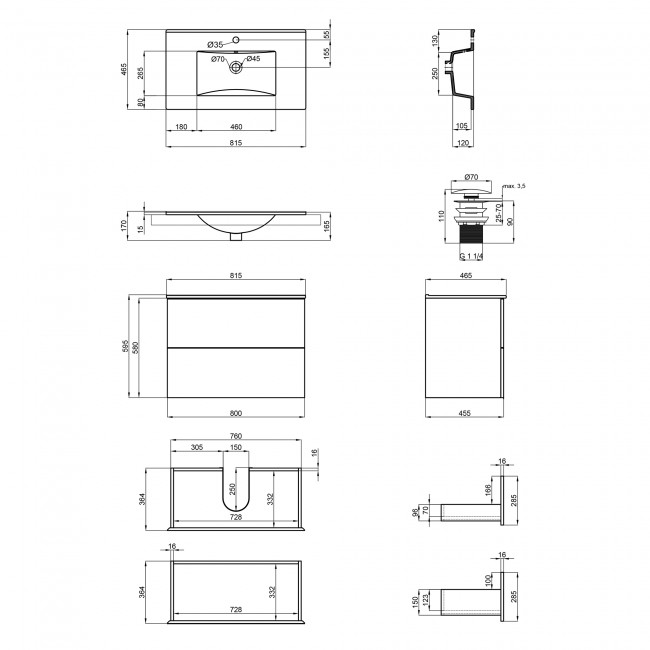 Комплект Qtap Tern 800х580х437 Matt black тумба подвесная + раковина врезная QT1772TPL8023080CMB