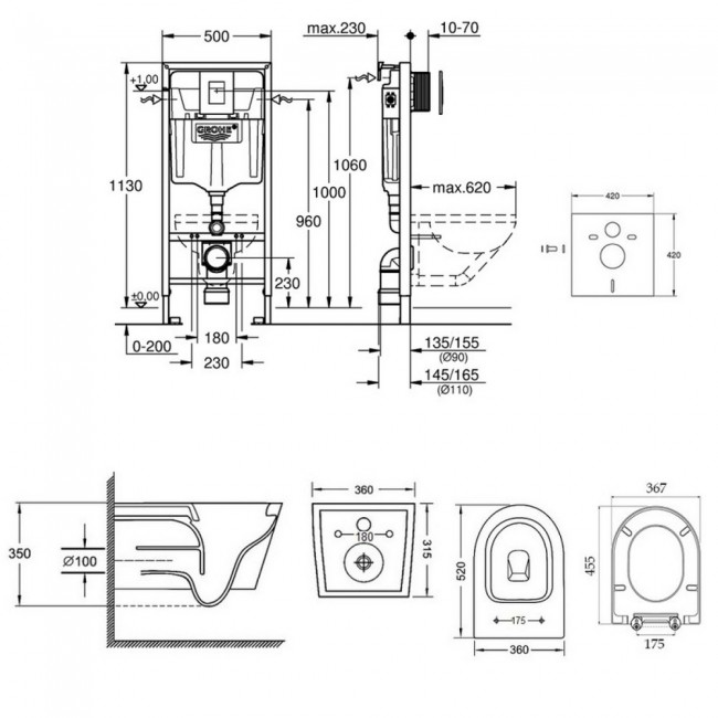 Набор инсталляция 4 в 1 Grohe Rapid SL 38772001 + унитаз с сиденьем Qtap Jay QT07335176W