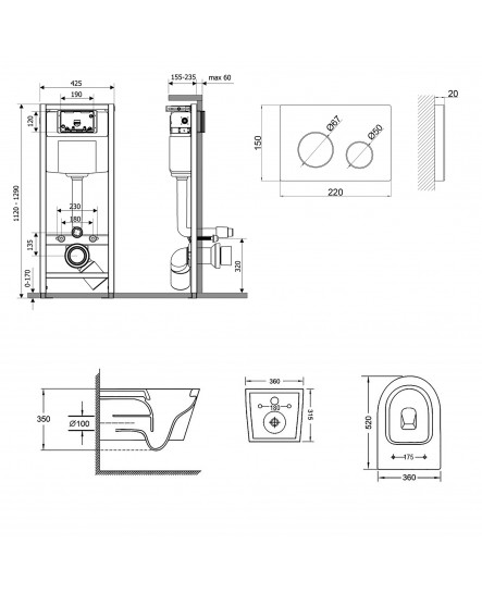 Набор Qtap инсталляция 4 в 1 с панелью смыва Nest (QT0133M425 + QT0111M11110W) + унитаз с сиденьем Jay QT07335176W