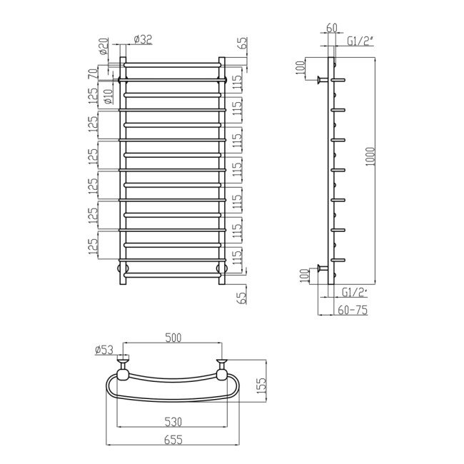 Сушарка для рушників водяна Lidz Standard (CRM) РЛС D32/20х1/2" 500x1000 P6 2