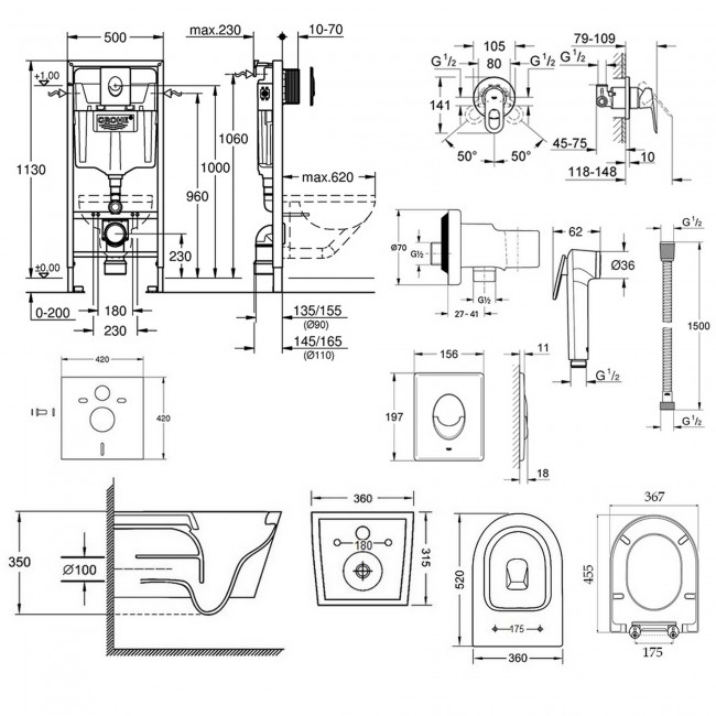 Комплект інсталяція Grohe Rapid SL 38721001 + унітаз з сидінням Qtap Jay QT07335176W + набір для гігієнічного душу зі змішувачем Grohe BauLoop 111042