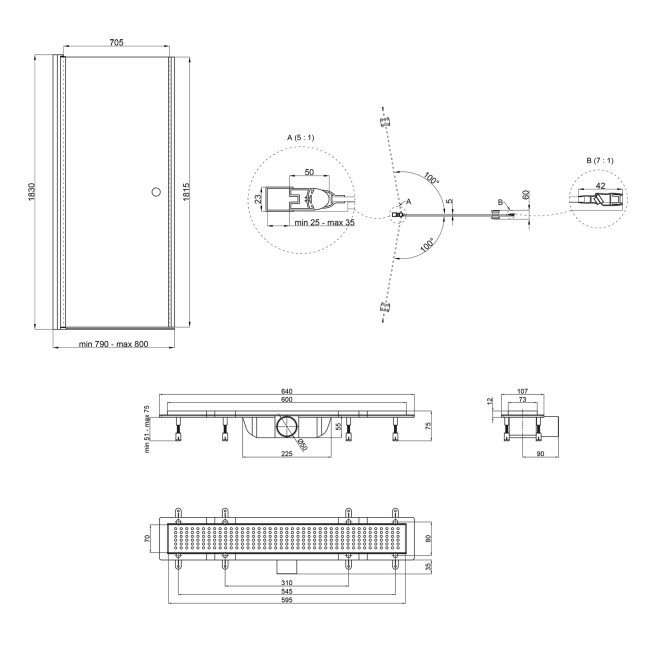 Душевые двери в нишу Qtap Presto CRM208.P5 80х185 см с трап линейный Dry FB304-600 линейный с сухим закрыванием и нержавеющей решеткой 600х73 мм 2