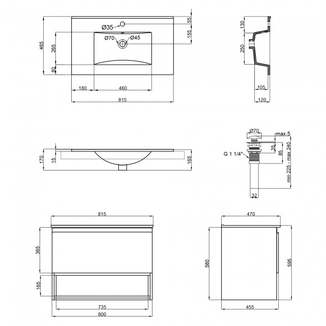 Комплект Qtap Robin 800х580х437 Graphite/Whitish oak тумба підвісна + раковина урізна QT1372TPВ8002GWO