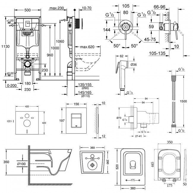 Комплект інсталяція Grohe Rapid SL 38772001 + унітаз з сидінням Qtap Crow QT05335170W + набір для гігієнічного душу зі змішувачем Grohe BauClassic 111048