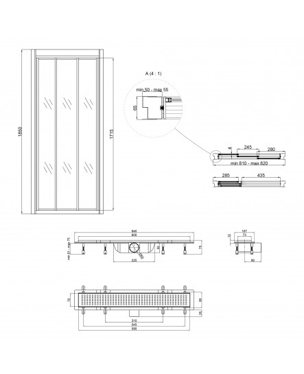 Душові двері в нішу Qtap Unifold CRM208.C4 78-81x185 см з трап лінійний Dry FB304-600 з сухим закривом та нержавіючою решіткою 600х73 мм