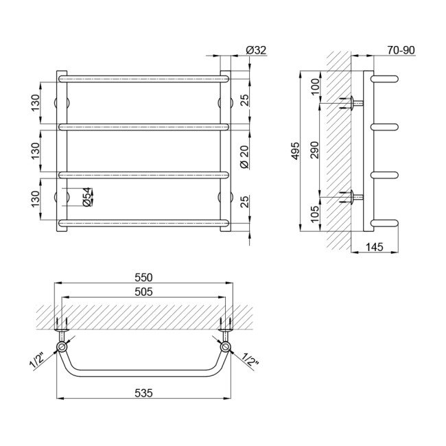 Сушарка для рушників водяна Lidz Standard (CRM) D32/20х1/2" 500x500 P4 2