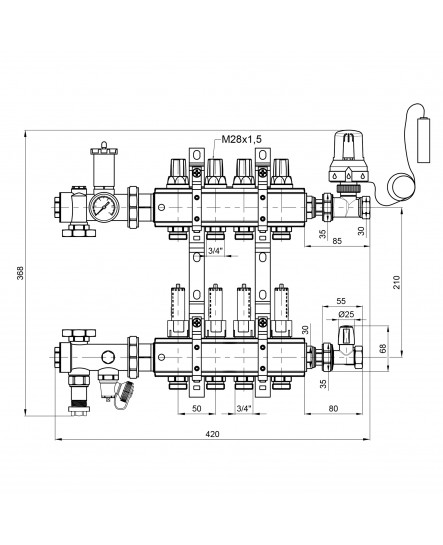 Коллекторная группа Icma 3/4" 4 выхода, с расходомером №A3K013