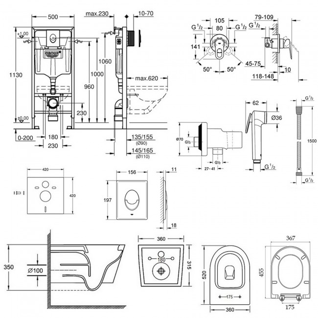 Комплект інсталяція Grohe Rapid SL 38722001 + унітаз з сидінням Qtap Jay QT07335176W + набір для гігієнічного душу зі змішувачем Grohe BauLoop 111042