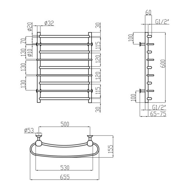 Сушарка для рушників водяна Lidz Standard (CRM) РЛС D32/20х1/2" 500x600 P4 2