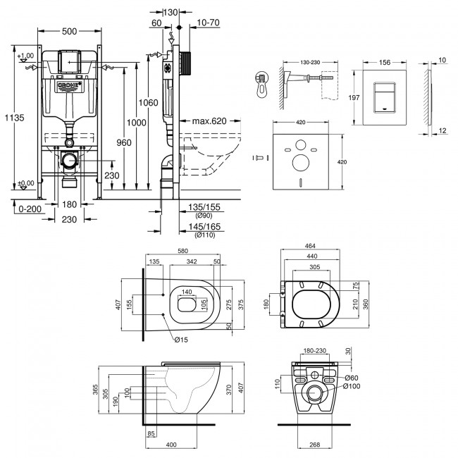 Набір інсталяція 4 в 1 Grohe Rapid SL 3884000G + унітаз з сидінням Qtap Robin QT13332141ERMB