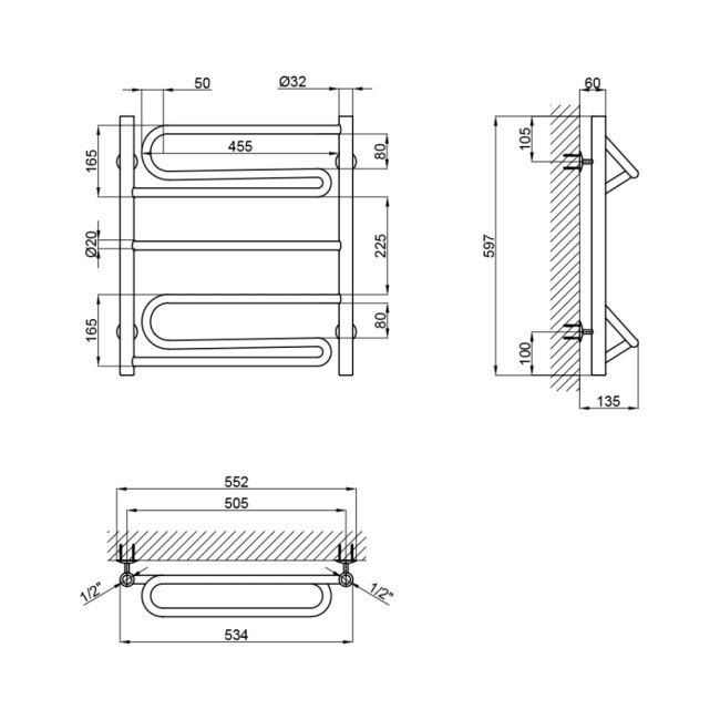 Сушарка для рушників водяна Lidz Zigzag (CRM) D32/20х1/2" 500x600 P2 2