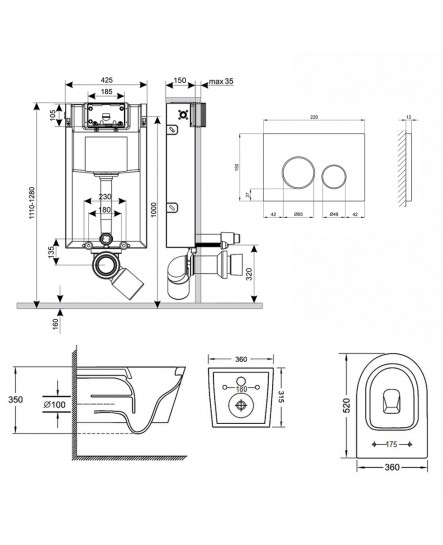 Набор Qtap инсталляция 3 в 1 Nest QT0133M425 с панелью смыва круглой QT0111M11V1146MB + унитаз с сиденьем Jay QT07335176W