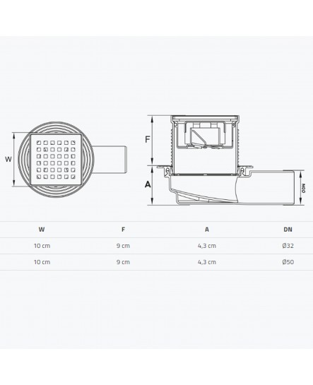 TM421-TILLO Трап з сухим затвором DN50, нерж,решiтка 100*100 гориз,з фланцем,Туречччина