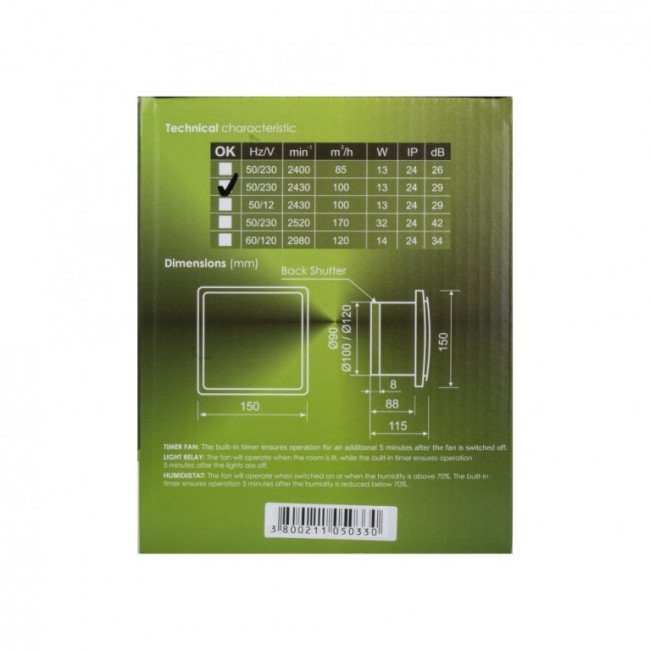 Вытяжной вентилятор для ванной ОК 100, 100 м³/ч, белый, с обратным клапаном