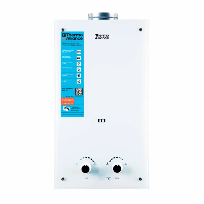 Колонка газова димохідна Thermo Alliance JSD20-10GE 10 л панель скляна White Колонка газова димохідна Thermo Alliance JSD20-10GE 10 л панель скляна White