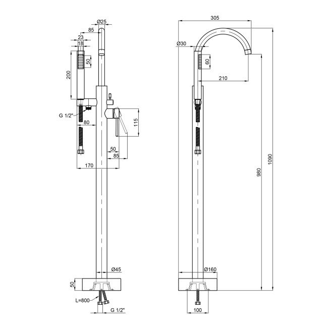 Змішувач для ванни Qtap Podlaha підлоговий з поворотним виливом (з душовим гарнітуром) QT19103UGC Chrome 2