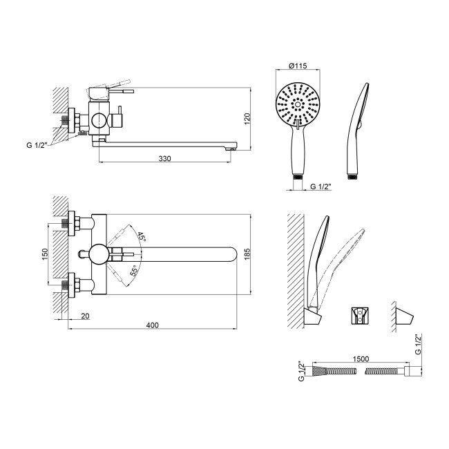 Змішувач для ванни Lidz Aria 005 з поворотним виливом (з душовим гарнітуром) (k35) LDARI005BLA43368 Black 2