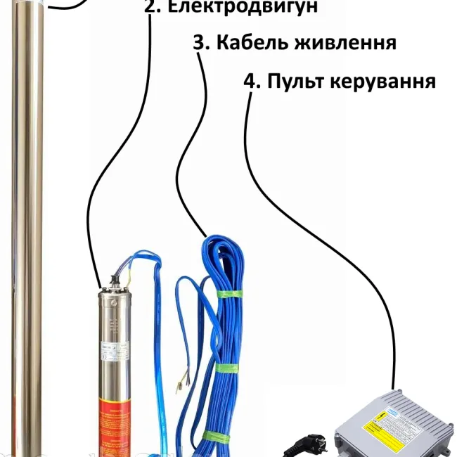 Насос свердловинний з підв, стійк, до піску 2,5″ OPTIMA 2,5SDm1,5/25 0,37 кВт 67м + пульт+кабель 15м