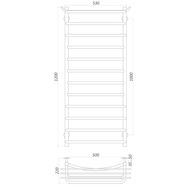 Рушникосушарка UNIO Zp W 1200-500-12 Зета з полицею вода