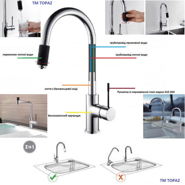 Змішувач для кухні під осмос TOPAZ CORSICA TC-8802-H48-PVD Змішувач для кухні під осмос TOPAZ CORSICA TC-8802-H48-PVD
