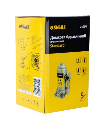 Домкрат гидравлический бутылочный 5т H 185-355мм Standard SIGMA (6106051)