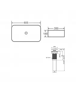 Комплект Qtap Tern: Раковина накладна прамокутна 605x350x140 мм WHITE + Донний клапан PU02